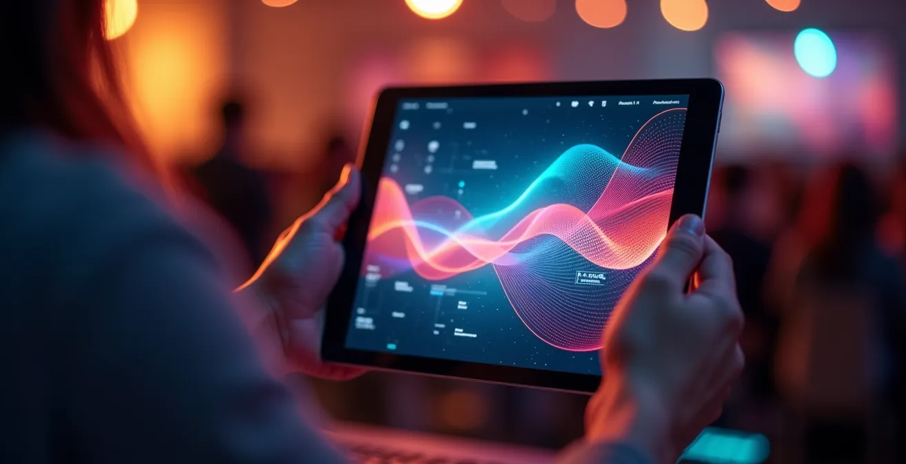 Mains tenant une tablette montrant un planning coloré avec des vagues de flux de public