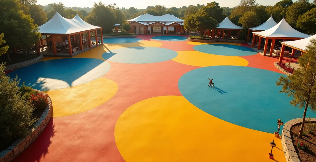 Vue architecturale minimaliste de zones colorées du festival avec espaces différenciés